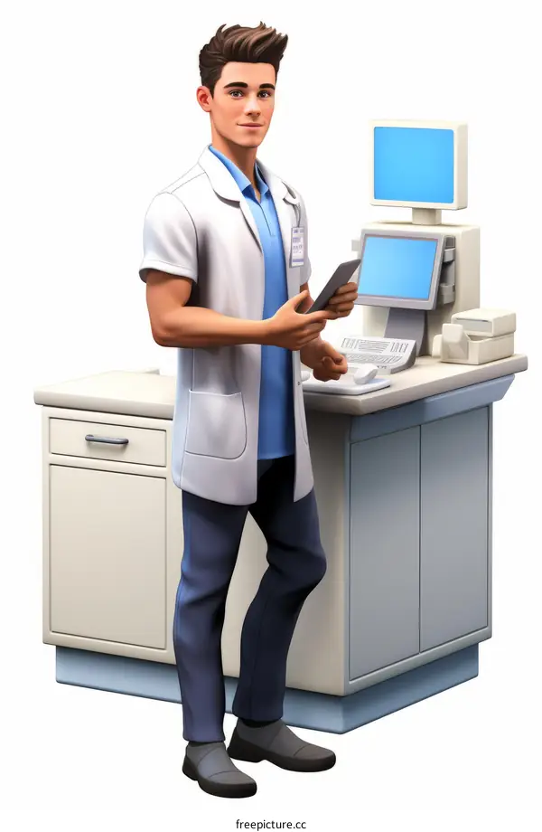 Pharmacist wearing a lab coat and holding a tablet while standing at the counter