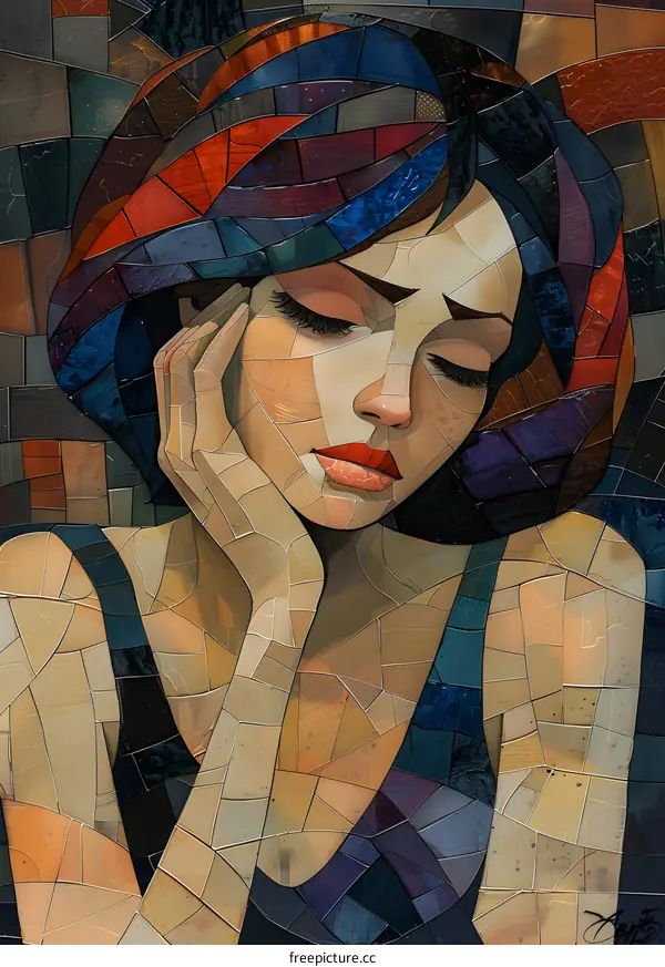 mosaic portrait of a sad woman