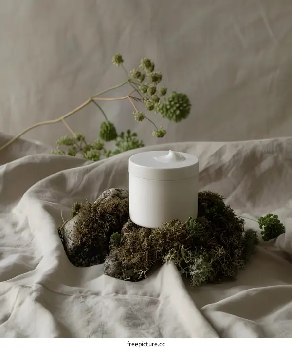 White Cream Jar on Moss and Rocks with Green Plant