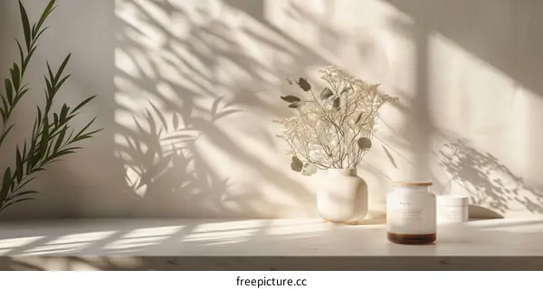 Dried flowers and leaves with shadows on a beige background