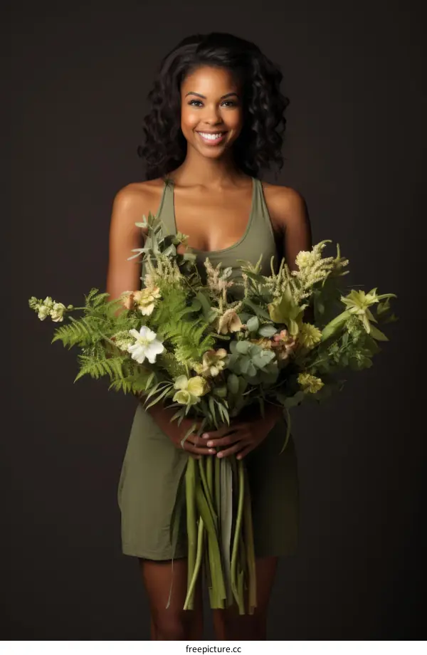 Black woman holding a bouquet of green flowers