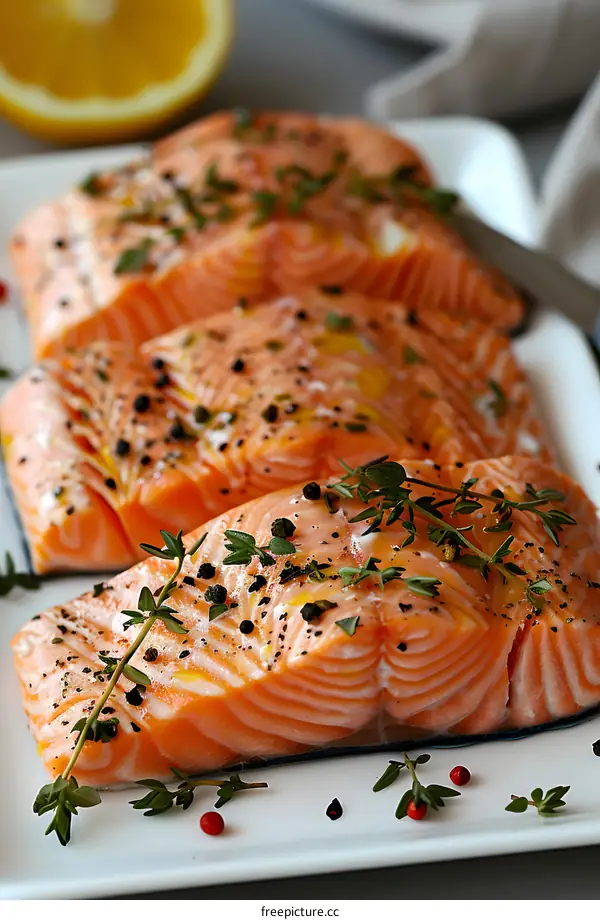 Fresh raw salmon fillets with herbs and spices