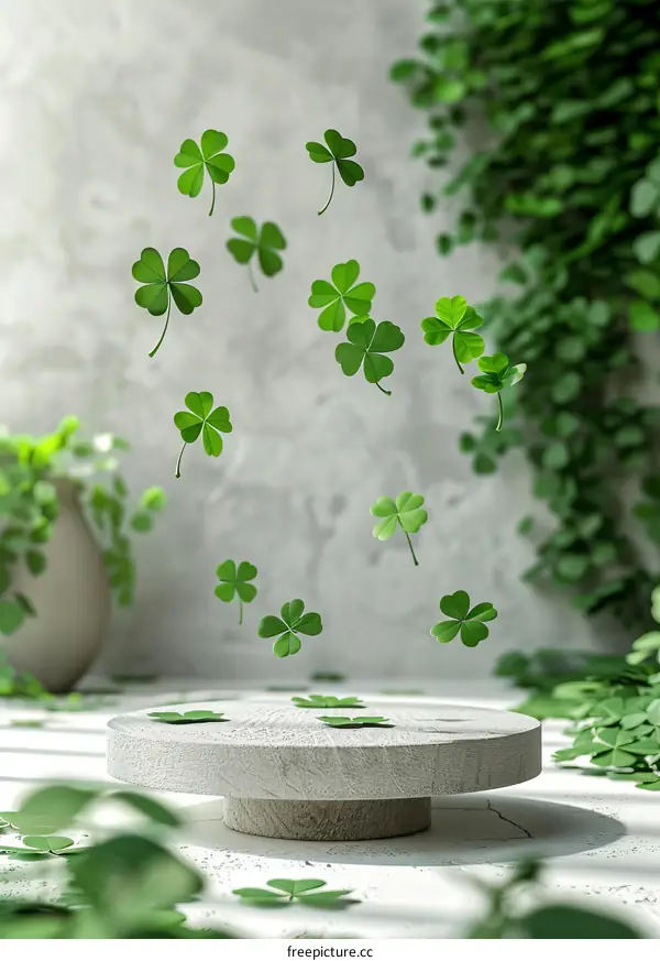 Green clovers falling on a white podium against a white background
