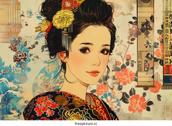 Illustration of a Japanese woman in a kimono
