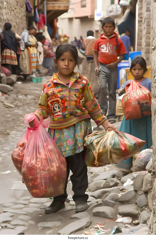 Young Girl Carrying Groceries in a Street Market