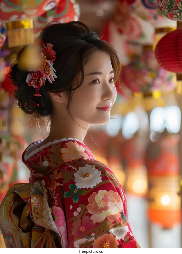 Portrait of a young woman in a red kimono