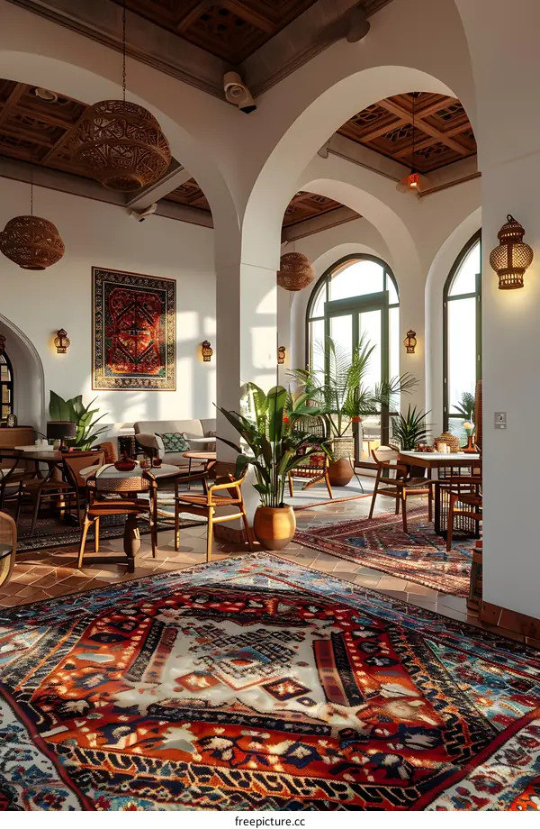 Middle Eastern style restaurant interior with rugs and plants