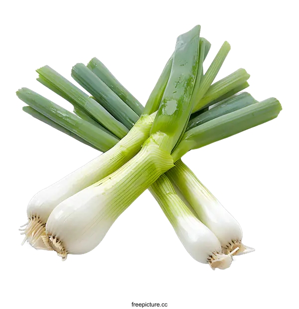 [Transparent Background PNG]Fresh green spring onion bulbs with leaves