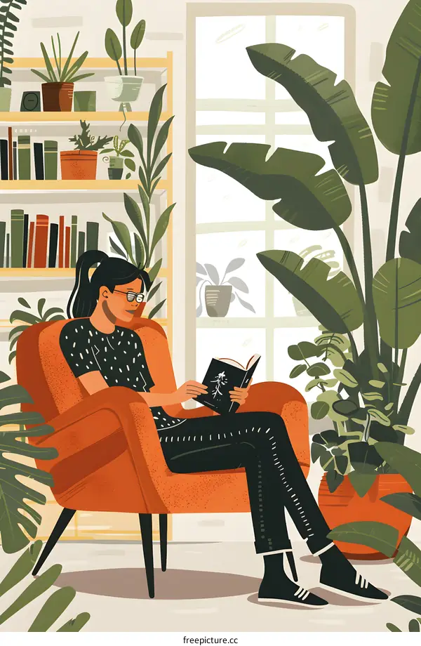 Woman Reading a Book in a Comfortable Chair Surrounded by Plants