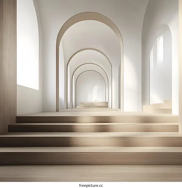 Minimalist Interior Design with Arched Hallway and Wooden Stairs
