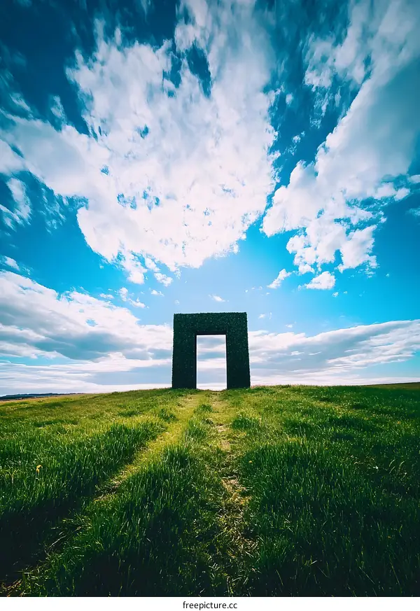 Green Archway in Grass Field Under Blue Sky