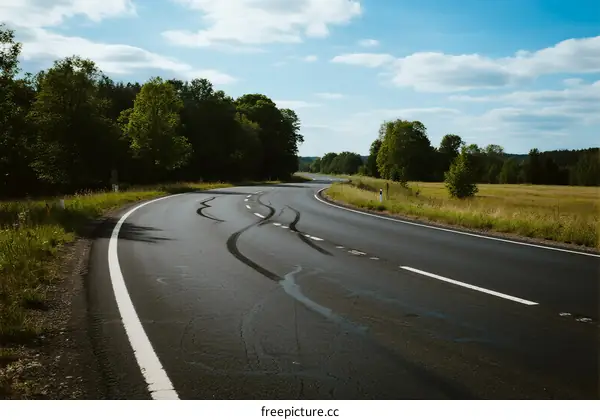 A winding road surrounded by green trees and open fields under a clear sky