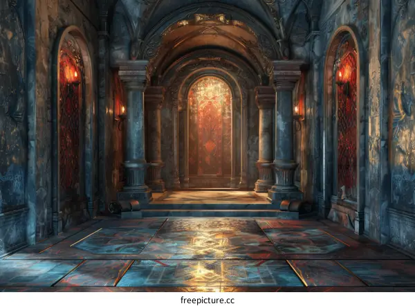 Ornate Fantasy Palace Interior with Marble Floor and Columns