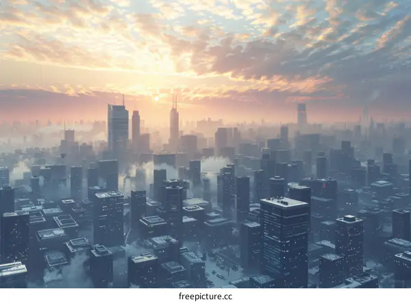 Futuristic Snowy Cityscape at Sunrise