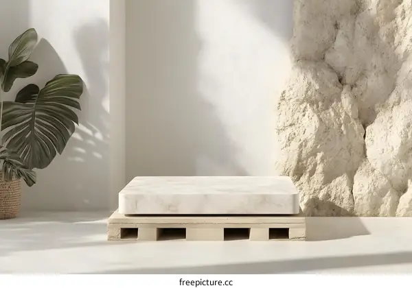 Minimalist White Marble Product Display Platform with Stone Wall and Plant