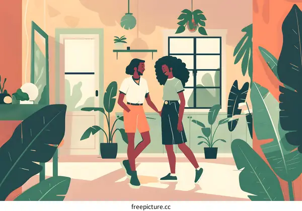 Couple Talking In Living Room With Plants And Window