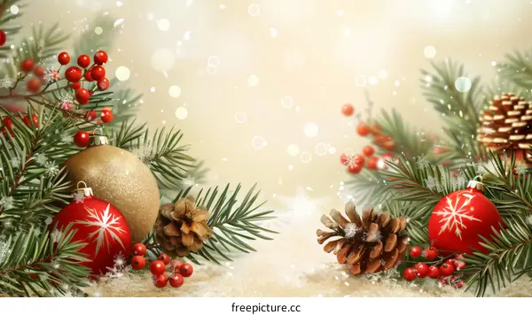 Christmas decorations with fir branches, pine cones and red berries