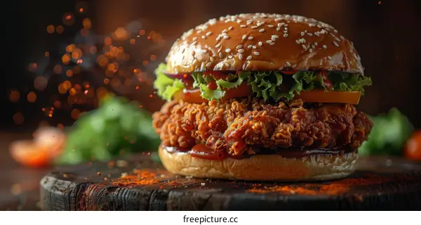Crispy Fried Chicken Burger on Wooden Board with Bokeh Background