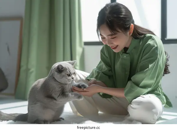 A young woman is playing with a gray cat on the floor