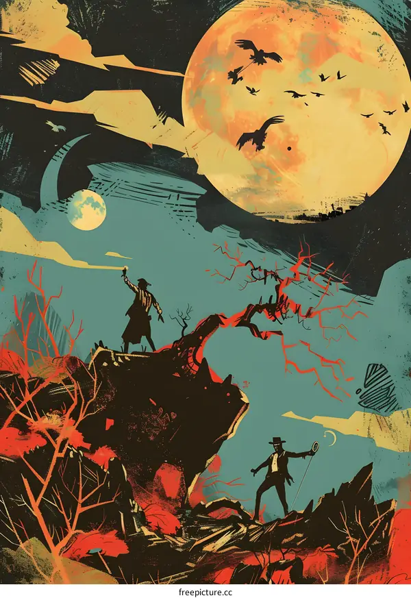 Two Figures Standing On A Mountain Top With A Large Moon In The Background