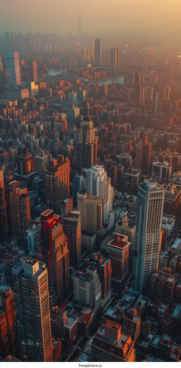Aerial View of New York City Skyline at Sunset