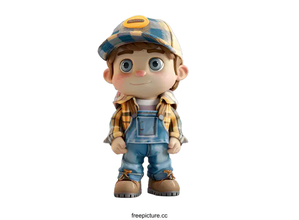 [Transparent Background PNG]3D rendering of a child wearing a plaid hat and denim overalls