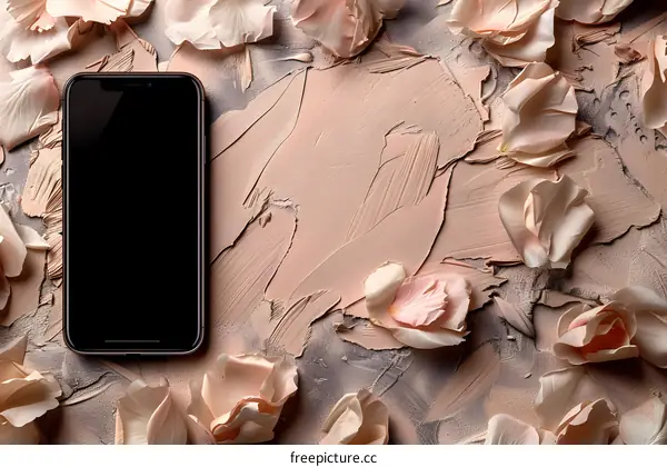 Rose Petals and a Black Screen Smartphone on a Pink Background