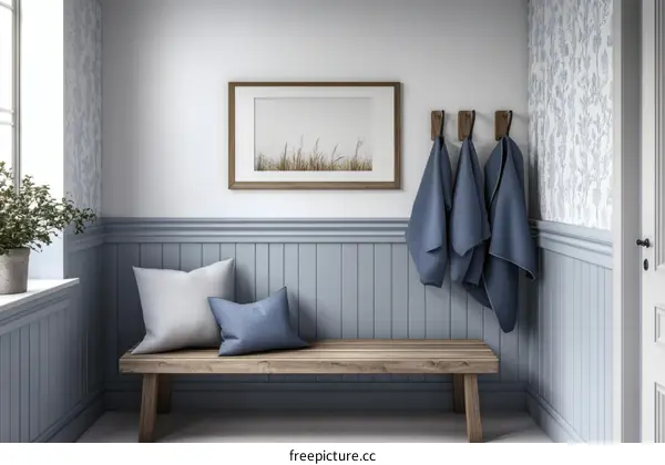 Cozy Entryway with Wooden Bench and Wallpaper