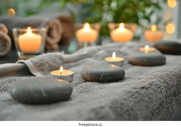 Spa stones and candles on towel