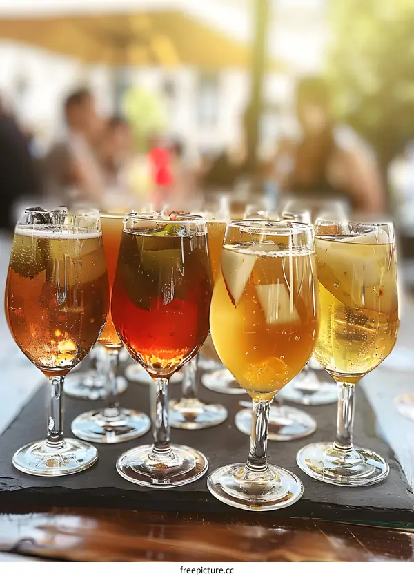 Row of Cold Beverages in Glasses on a Tray