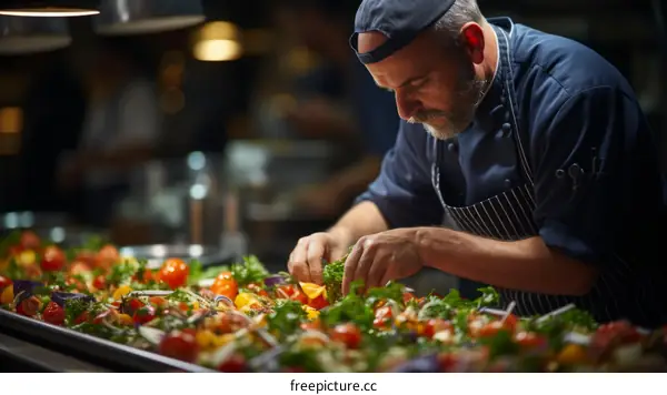 Focused male chef carefully preparing a delicious salad