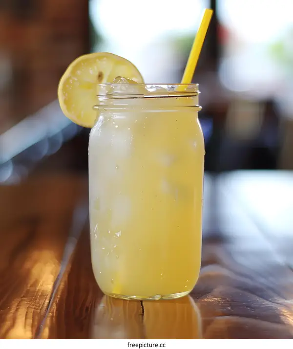 Glass of Lemonade with Lemon Slice and Straw on Wooden Table