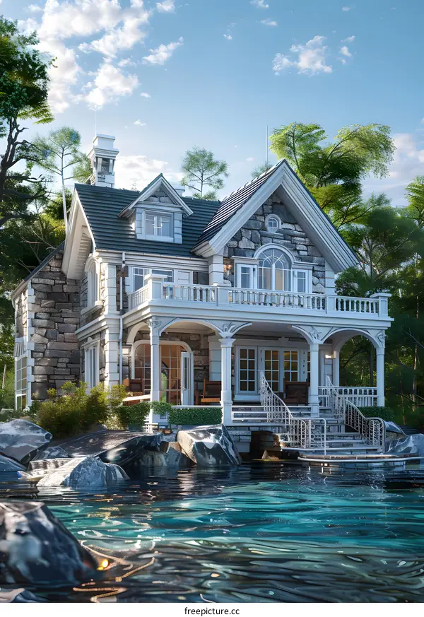 3D rendering of a beautiful lakeside house with stone walls and a large balcony