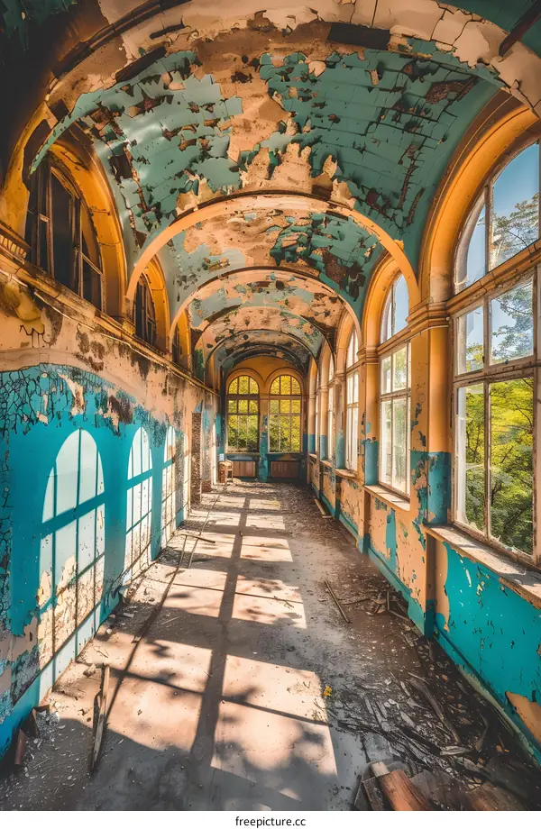 Abandoned Building with Peeling Paint and Sunbeams