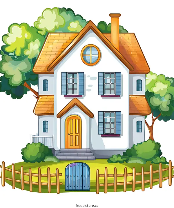 Cartoon Illustration of a White House with a Yellow Door