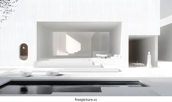 Minimalist White Architecture with Pool and Single Figure