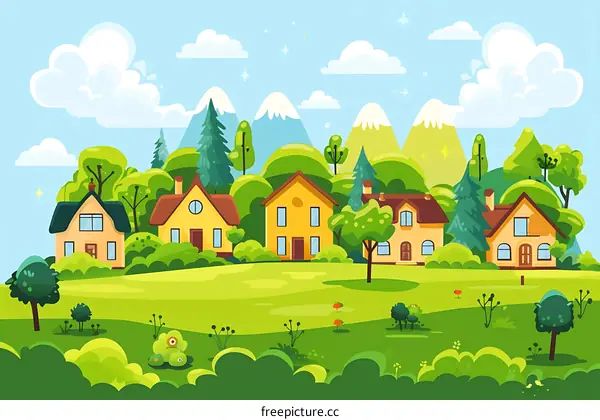 Beautiful Green Hills With Houses And Mountains In The Background