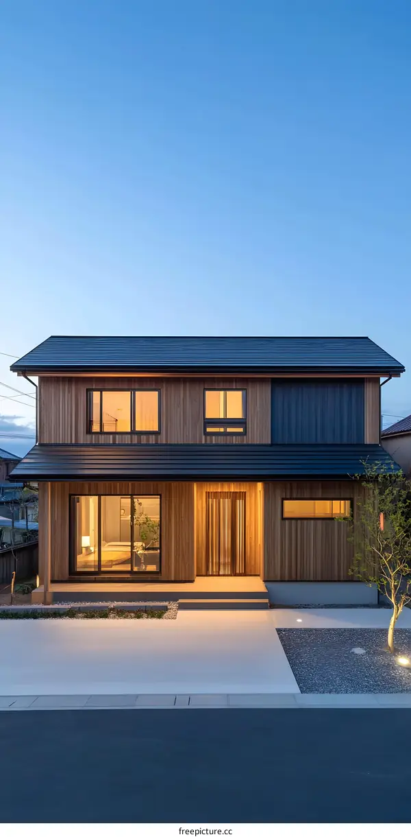 Modern Two Story Wooden Home with Black Roof