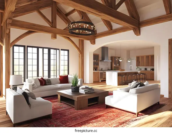 Modern Farmhouse Living Room with Exposed Beams and a Kitchen View