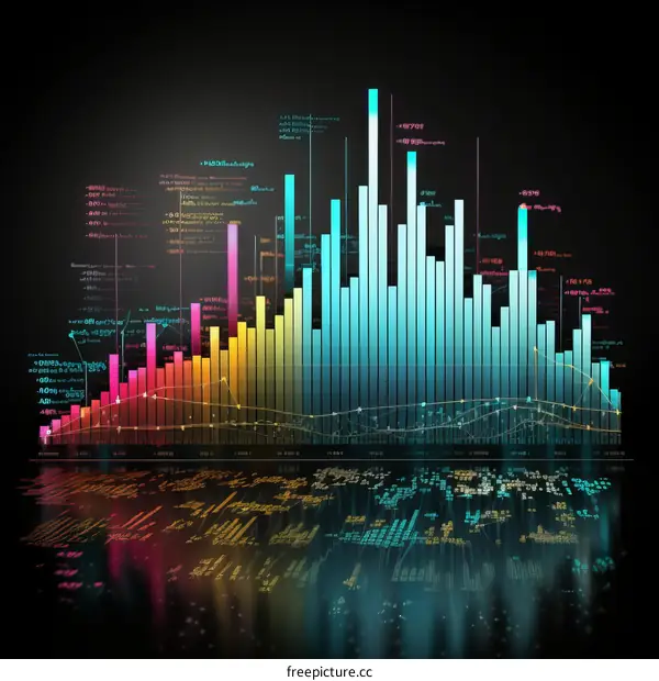 A 3D illustration of a colorful bar graph with a glowing blue background.