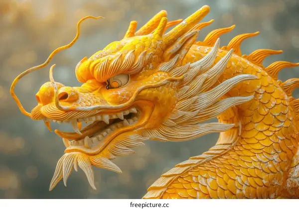 A golden statue of a dragon's head with intricate details and scales.