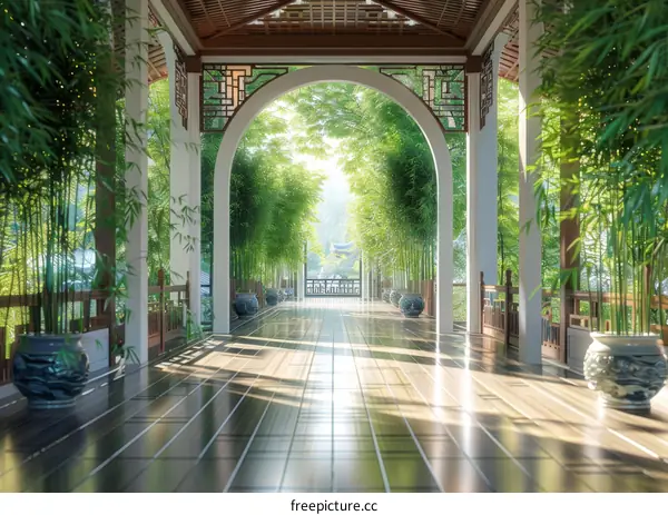 Peaceful Chinese Garden Pathway with Bamboo