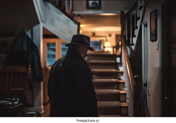 An old man wearing a hat is walking up the stairs