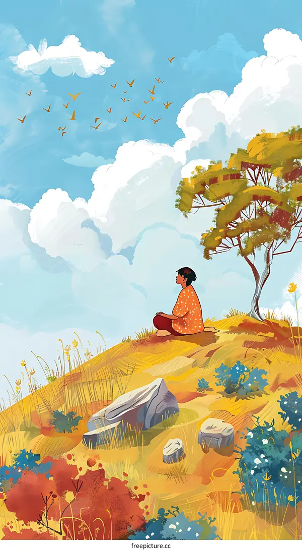 Woman Sitting on a Hilltop Looking at the Sky with Birds Flying
