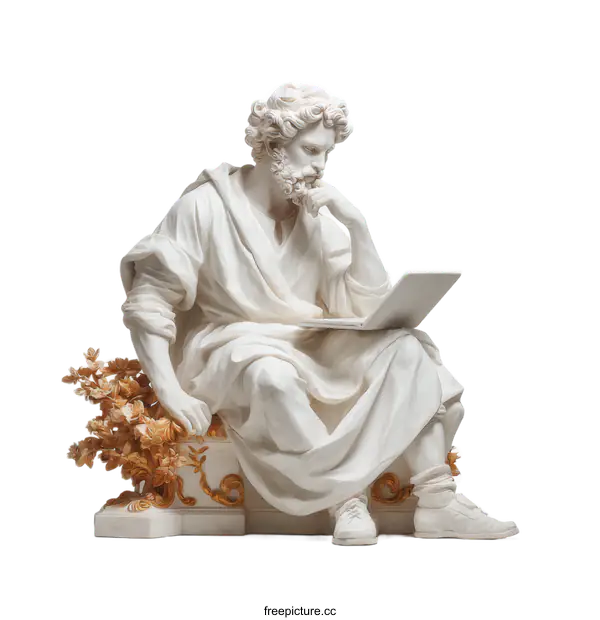 [Transparent Background PNG]Ancient Philosopher with Laptop Statue Sculpture