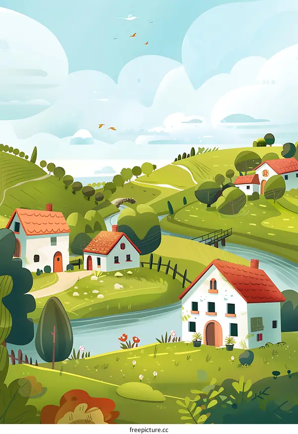 Beautiful Cartoon Illustration of Houses on a Green Hilltop with a River