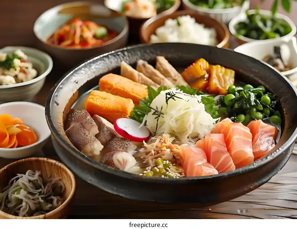 Japanese hot pot with assorted side dishes