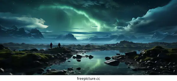 Aurora borealis landscape with mountains and lake