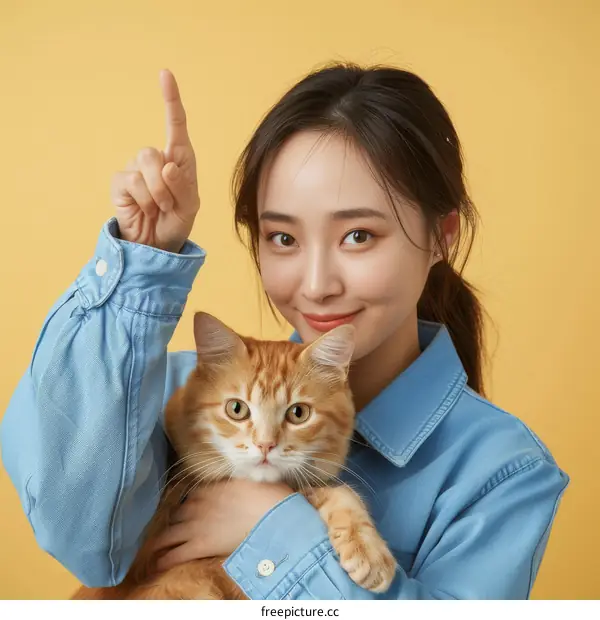 A young woman is holding a cat and pointing her finger up