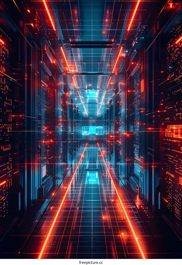 Abstract Futuristic Cyberspace Corridor with Red and Blue Neon Lights